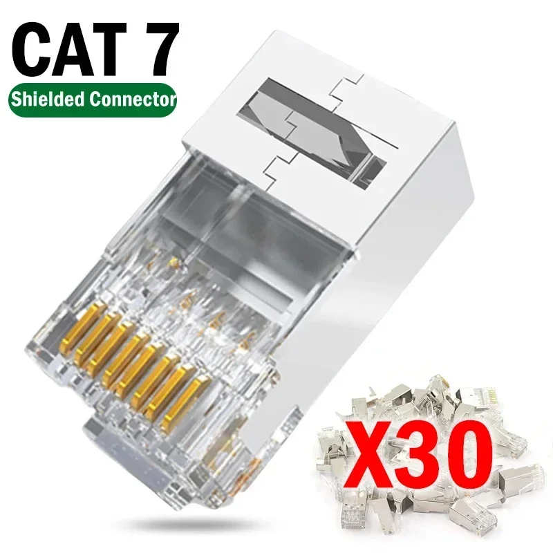 Conector blindado RJ45 CAT7 CAT6 CAT5e, sin paso a través de enchufe Modular, extremo de Cable Ethernet chapado en oro de red, engarzado 8P8C, 10-30