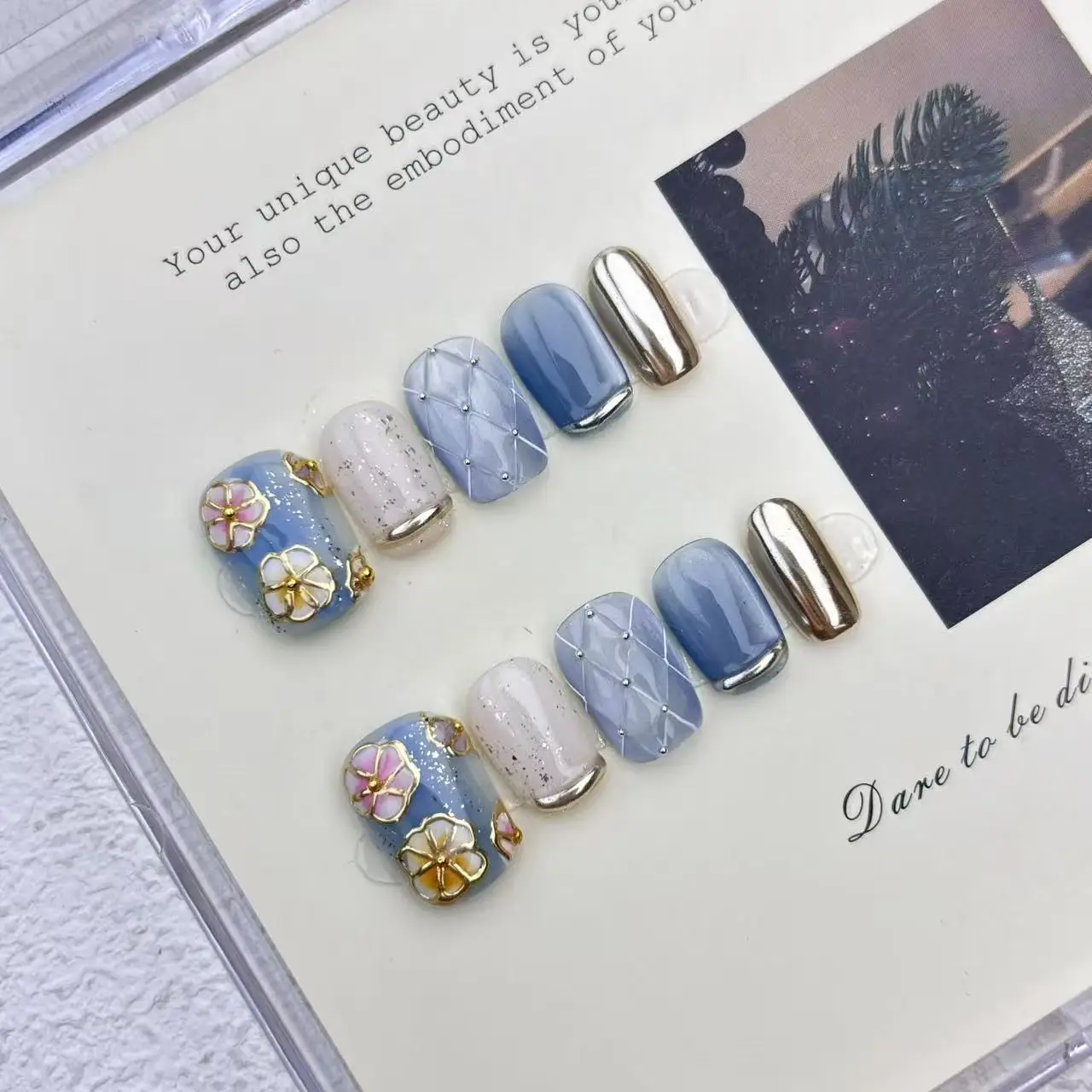 

10pcs Handmade Nanzhi's Cool-Toned Cat-Eye Press-on Nail Floral Design Pearl Fake Nail for Women&Girl Removable Wearable Nail