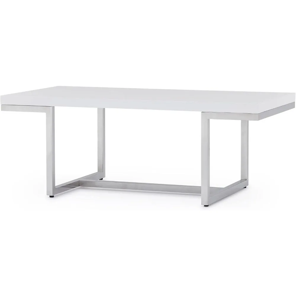 Tables de Salle à Manger Modernes avec Base en Acier Inoxydable Poli, Meuble avec Laque Blanche Brillante