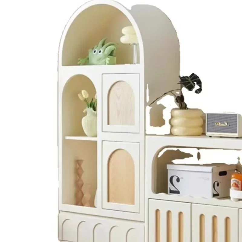 

American solid wood semi-circular arched glass door bookcase, French white retro children's locker bookshelf display cabinet