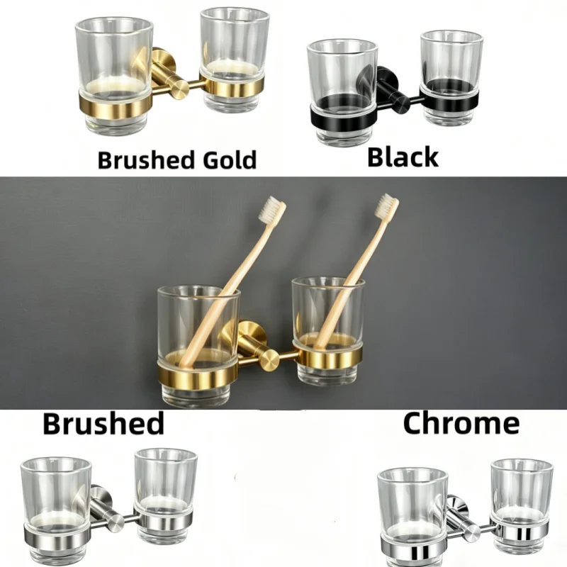 Brushed Gold Matte Black Chrome Toothbrush Holder Double Glass Cup Holder Wall Mount  Bathroom Stainless Steel Accessories