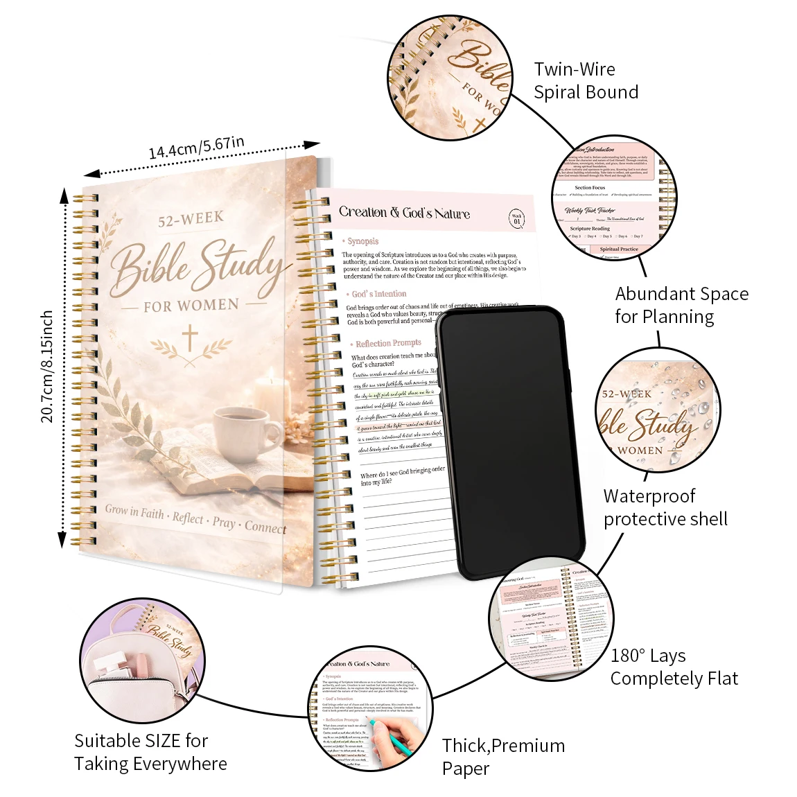 52 Week Bible Study Journal for Women Spiral Bound Faith Planner with Stickers Daily Scripture Reading Reflection