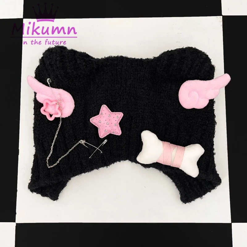 Harajuku Y2k Star Plush Bone Knitted Hat Women Gothic Punk Angel Wings Black Beanie Hat Autumn Winter Warm Ear Protector Caps