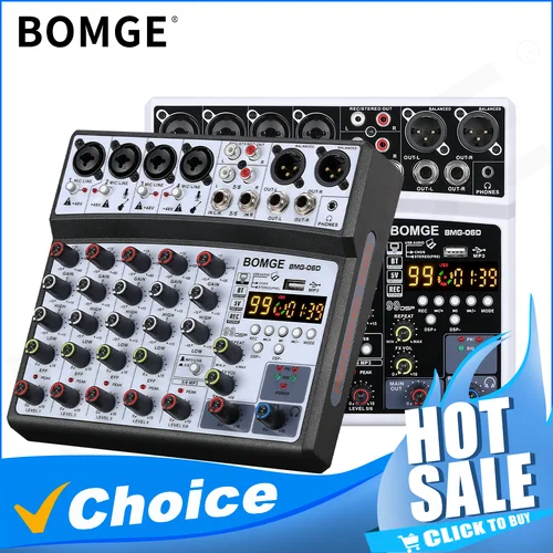 BOMGE mezclador de Audio inalámbrico de 6 canales consola mezcladora portátil interfaz USB tarjeta de sonido con 16 DSP Echo 48V Phantom Power