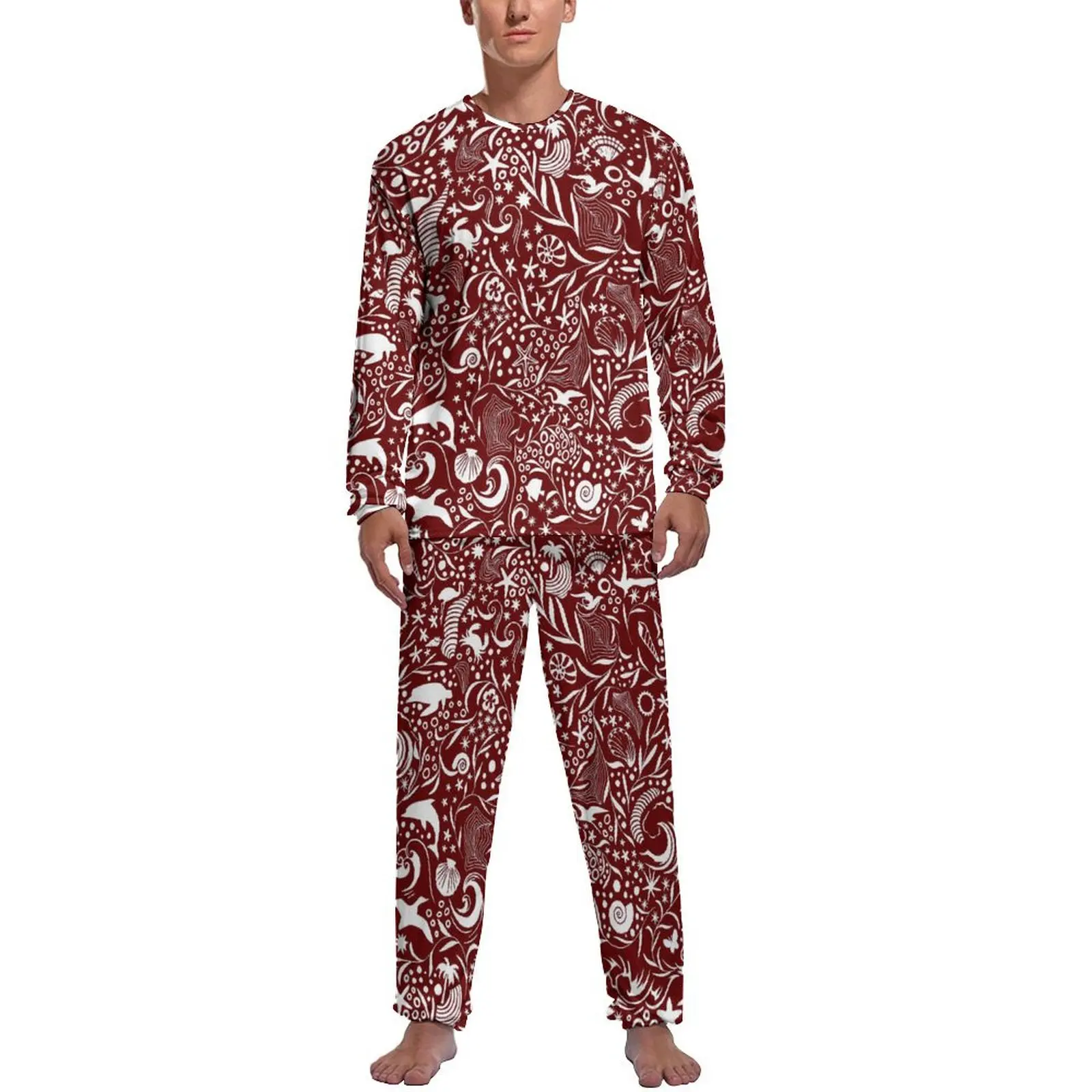 

Sea Fish Dolphin Waves Pajamas Winter Red White Ocean Bedroom Nightwear Male 2 Piece Graphic Long Sleeves Romantic Pajama Sets