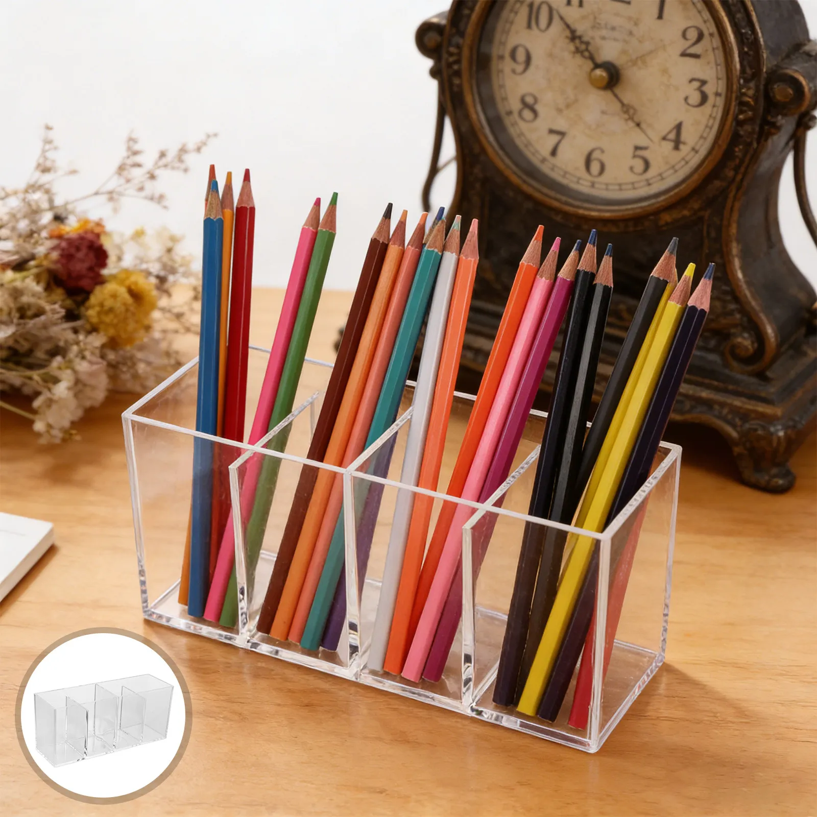Clear Acrylic Pen Holder 4 Compartments Pencil Organizer Transparent Desk Storage Box Multipurpose Cutlery Organizer Makeup