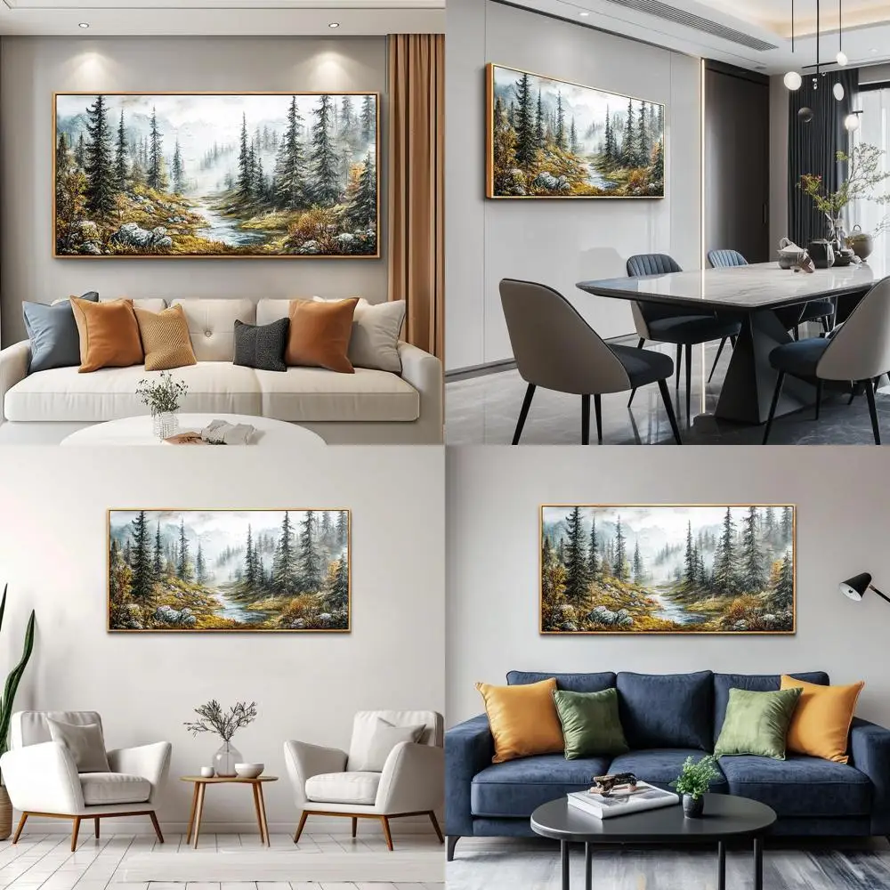 

Modern Wood Framed Misty Forest Tree Landscape Art for Bedroom, Living Room, and Office Wall Decor, 20x40 Inches