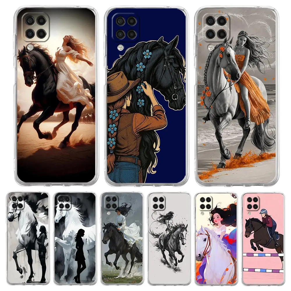 Soft TPU for Samsung Galaxy A13 A15 A17 A23 A25 A32 A33 A35 A52 A53 Transparent Phone Case Animal Galloping Horse Girl Drawing