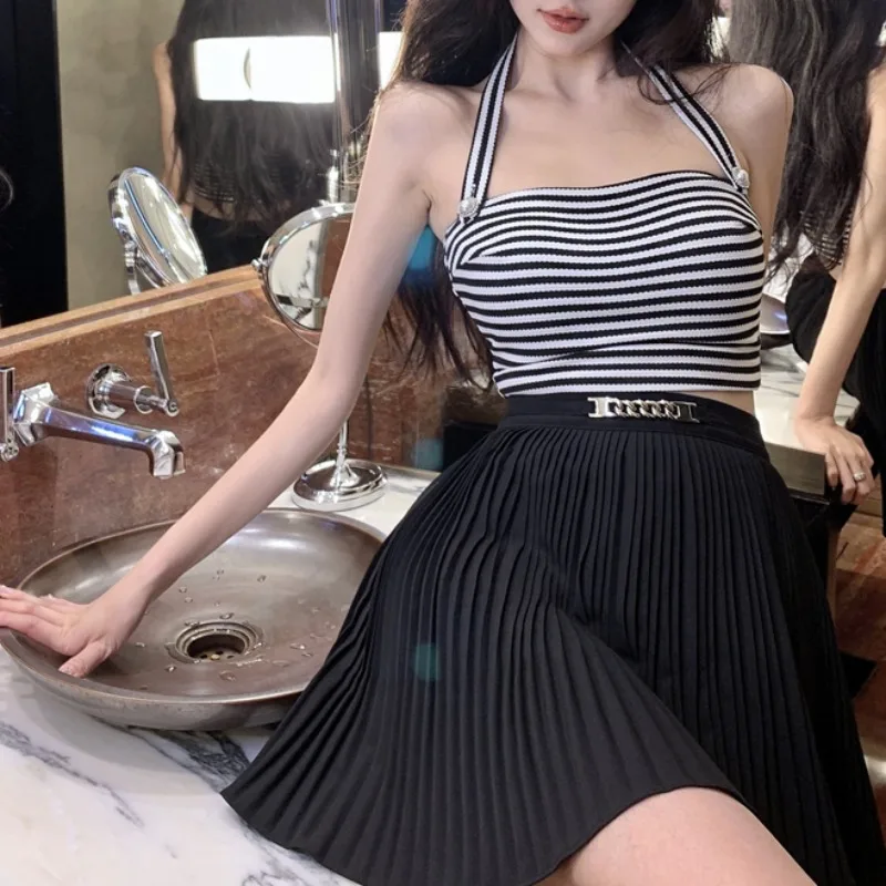 Fashionable Striped Neck Hanging Strap Vest And Short Skirt Two-Piece Set for Women Summer 2024 New Style Trendy  Skirt