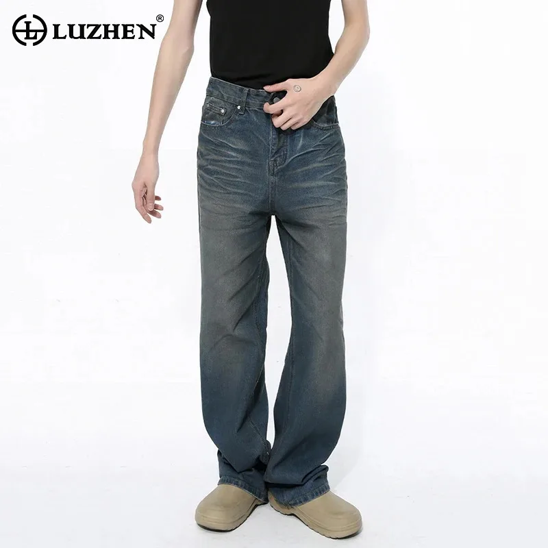 

LUZHEN New 2024 Men's Clothing Casual Jeans Men's High Street Vibe Style Wiped Color Crease Design American Denim Pants LZ5498