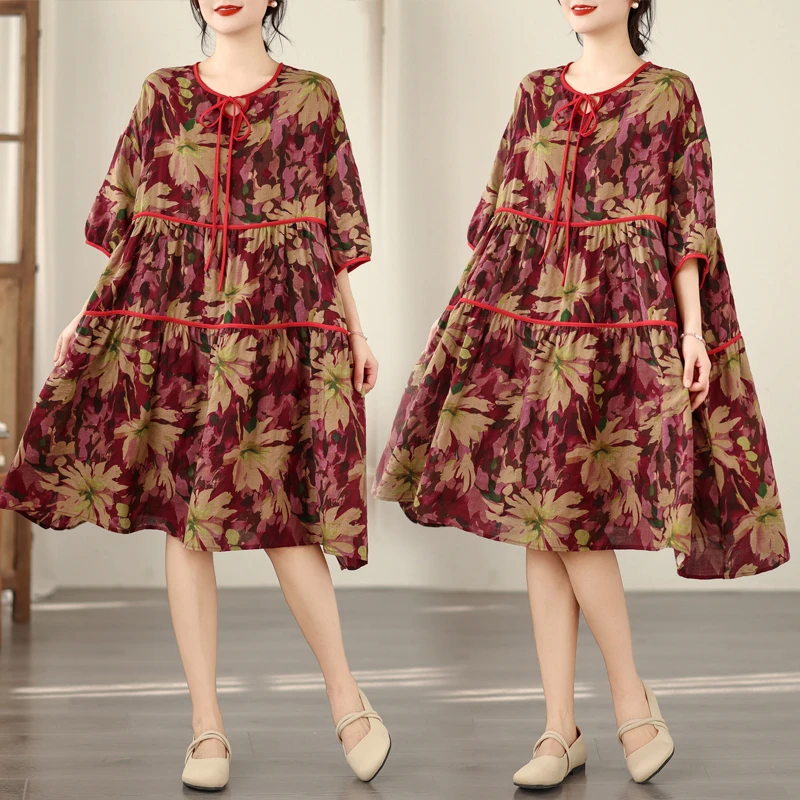 

Summer Large Size Cotton Linen Print Collar Rope Loose Elegant Slimming Versatile Dress Artistic Style High Waist A-Line Skirt