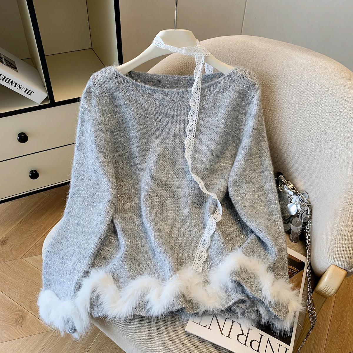 

iny Sequin Knitted Sweater Women's Mid-Length Lazy Sle Furry Patchwork round Ne Long Sve Warm Autumn Winter New Arrival