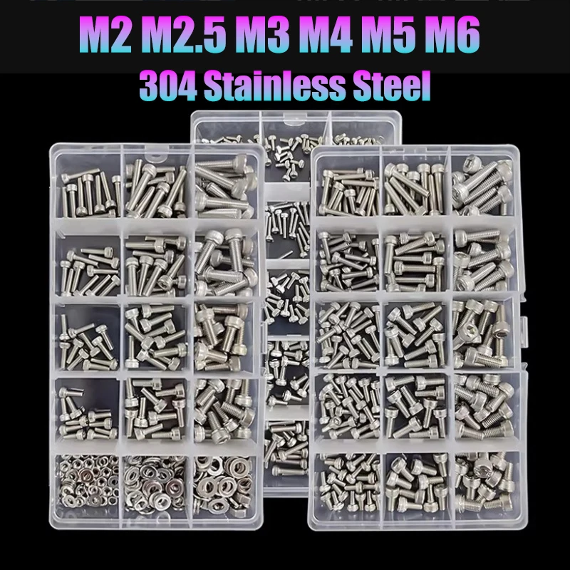 1 Box M2 M2.5 M3 M4 M5 M6 DIN912 304 A2 Stainless Steel Hex Hexagon Socket Allen Cap Head Screw Bolt Nut Assortment Kit Metric