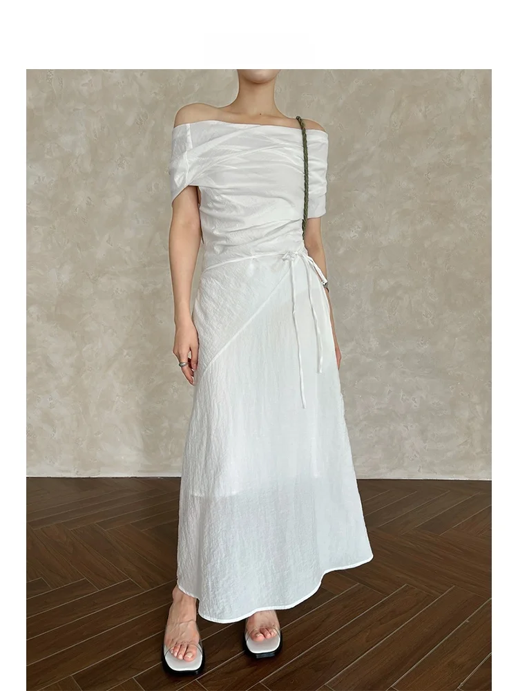 

Elegant Pure Color Silk Twist One Shoulder Tube Top Dress High Waist A-Line Silhouette Sleeveless Summer Ladies Dress