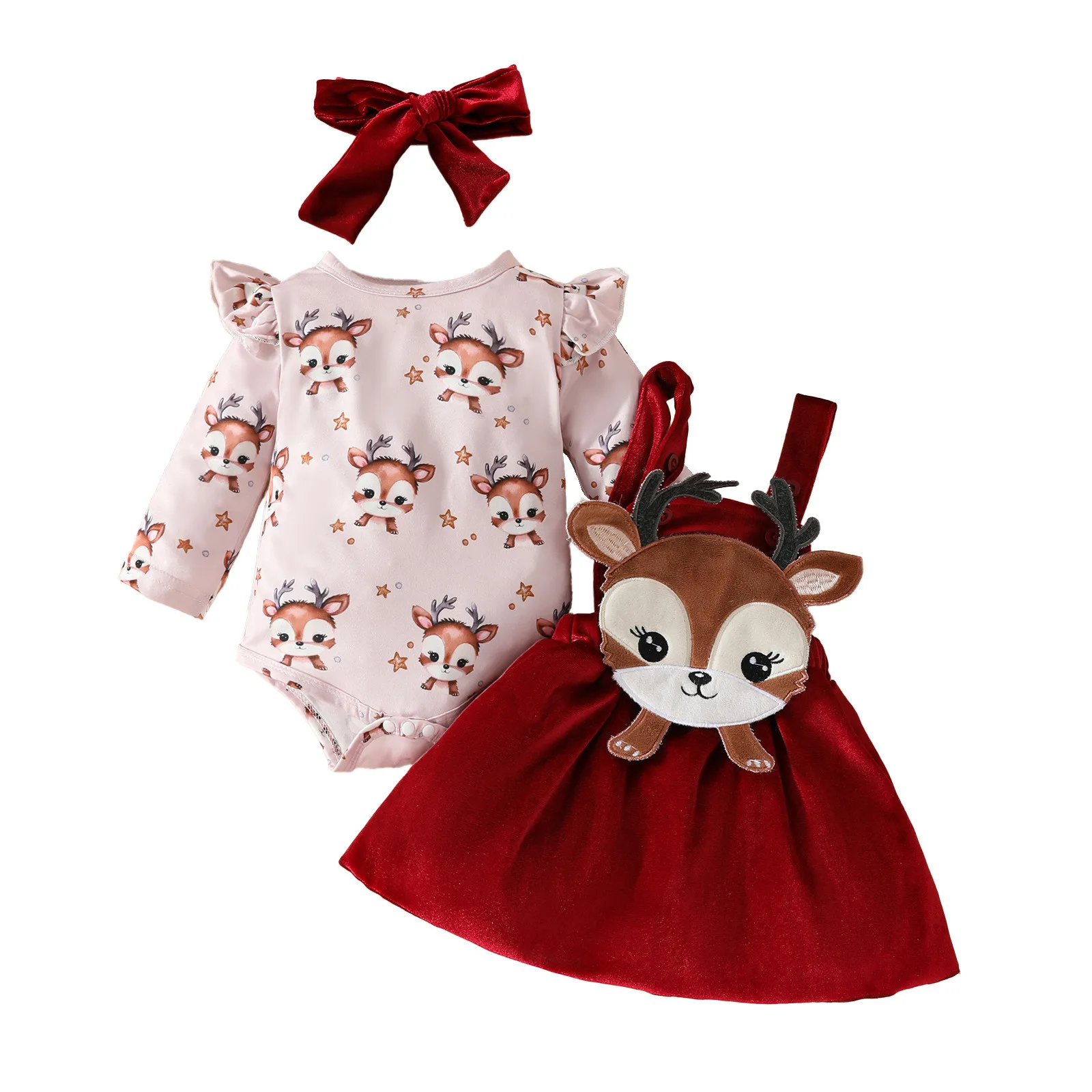 3Pcs Infant Baby Girls Christmas Outfits Clothes Autum Winter Long Sleeve Cartoon Romper Bodysuit Deer Suspender Skirts Set 0-2t