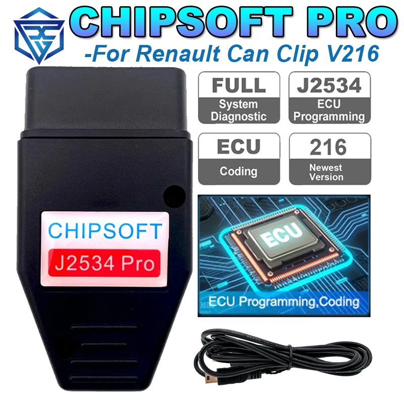 Chipsoft Pro for Renault Can Clip V216 VCI Diagnostic Cable OBD 2 Car Diagnostic Tool J2534 Programming ECU Code Read Clear TPMS