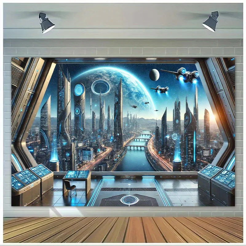 Futuristic Space Cityscape Wall Tapestry for Innovative Home Decor, Featuring a Stunning View of a High-Tech Metropolis