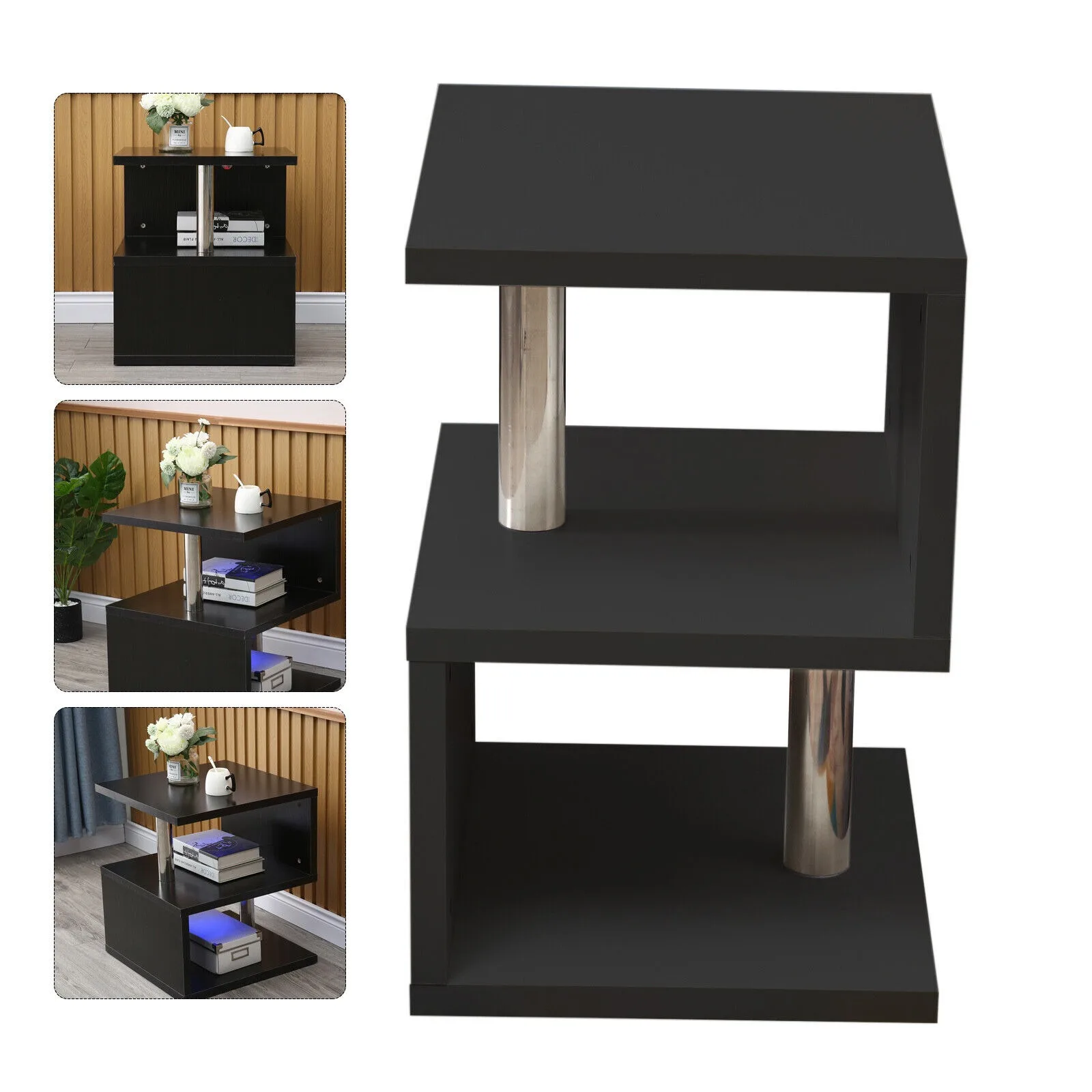 US Modern High Gloss Coffee/Side Table Black With Blue LED Lights S-shape End Table