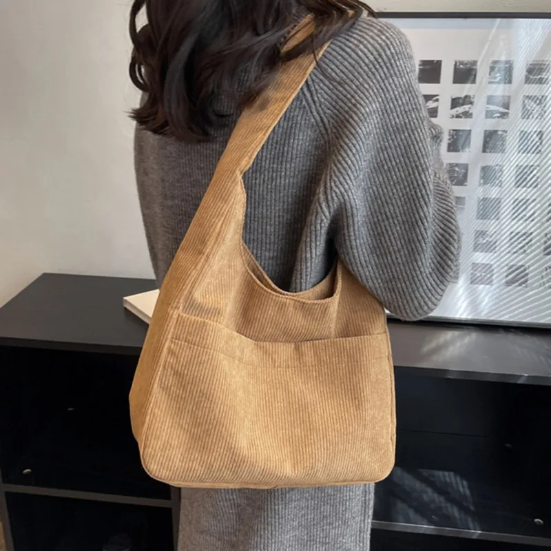 Solid Color Corduroy Canvas Shoulder Tote Bags For Women 2023 Casual Women\'s Designer Handbag Trend Female Armpit Bag