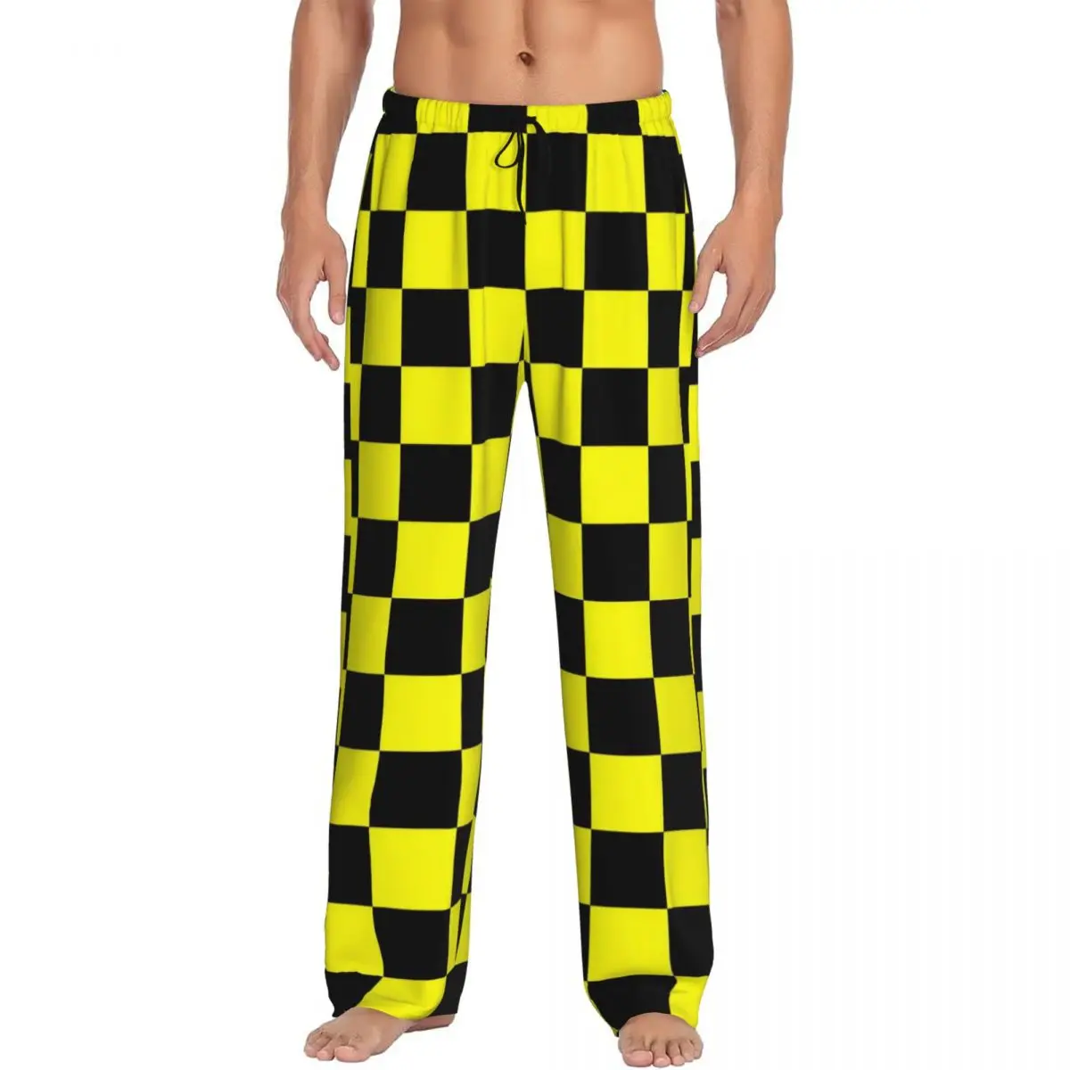 Custom Printed Men Checker Pajama Pants Yellow And Black Sleepwear Sleep Lounge Bottoms with Pockets