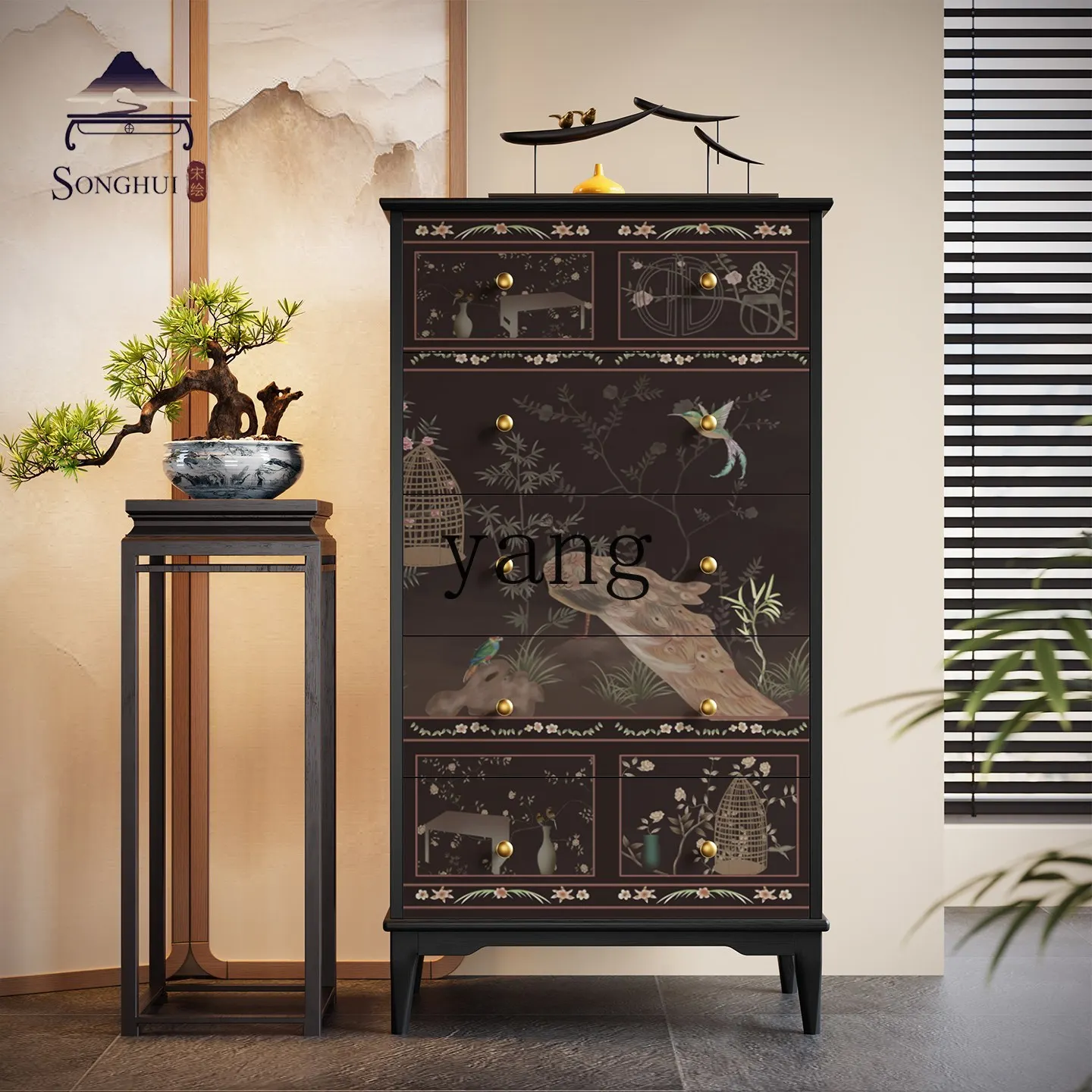 LTT new Chinese style five or six chest cabinet living room solid wood drawer cabinet against the wall storage