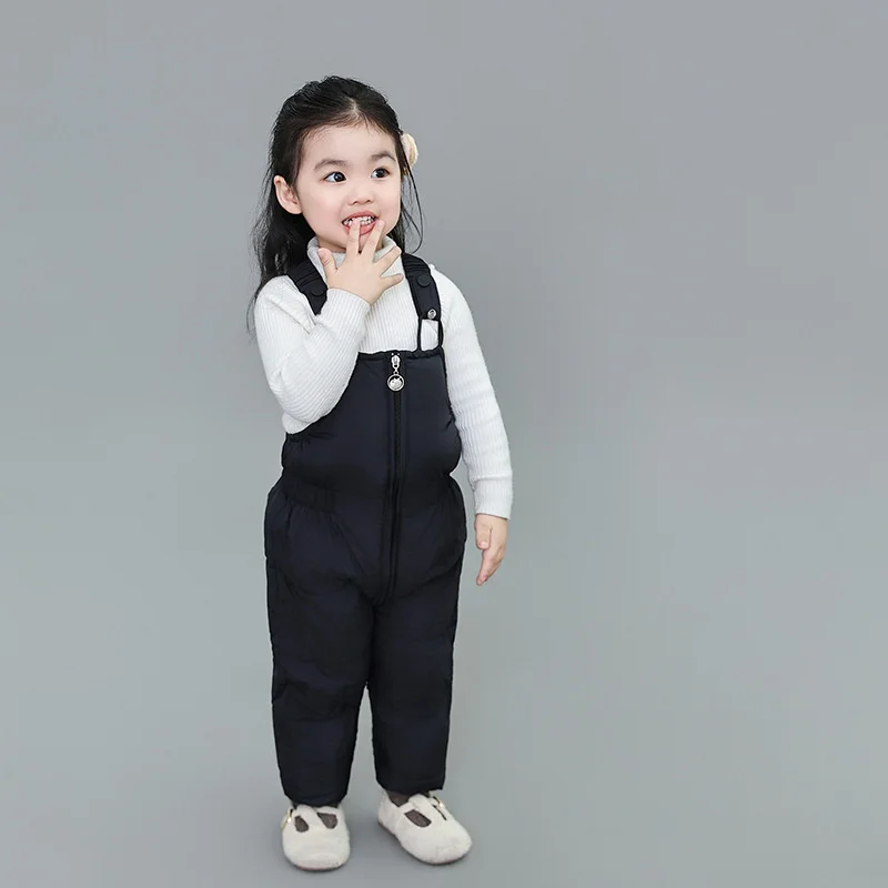 Kids Winter Down Pants Children Comfortable Warm Jumpsuits Baby Outdoor Thick Plush Solid Thermal Trousers Fashion Ski Overalls