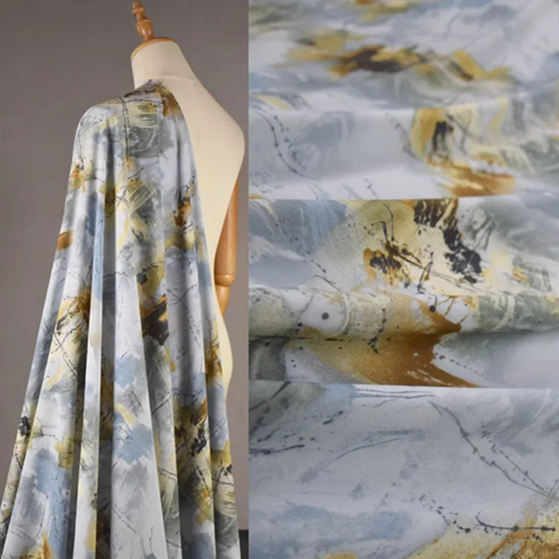 Elegant Grey Abstract Oil Painting Wind Chiffon Fabric for Spring and Summer Dress, Thin Cloth, Soft, No Transparent, T2050