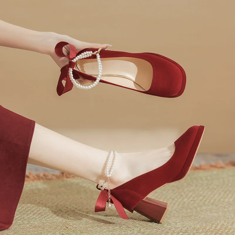Womens Pumps Square Toe High Block Heel Suede-Look Upper Pearl Ankle Strap Ribbon Bow Dress Shoes