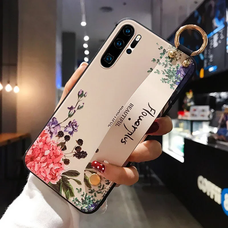 P40 P20 P30 Pro Lite Case 3D Fashion Art Leaf Flower TPU Wrist Strap Holder Cover for Huawei P Smart 2021 Z Mate 20 Honor 50 20