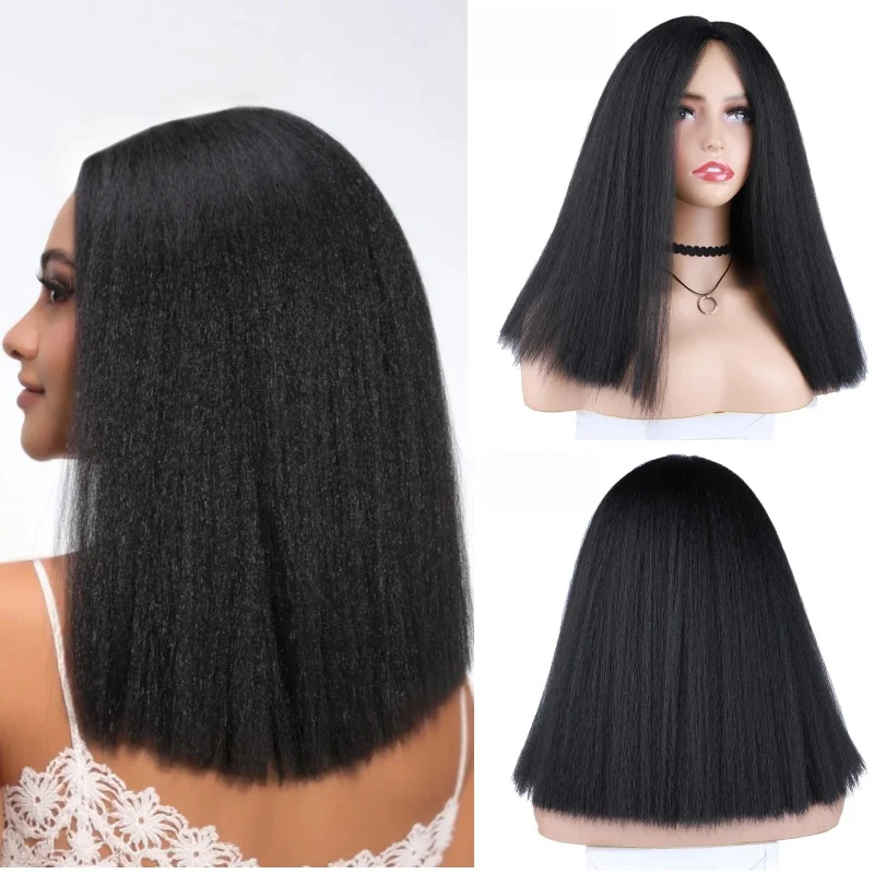 Lydia Synthetic 15Inch Wigs Kinky Straigt Neat Hair Kanekalon Heat Resistant African American With Skin Topper Full Daily Bob
