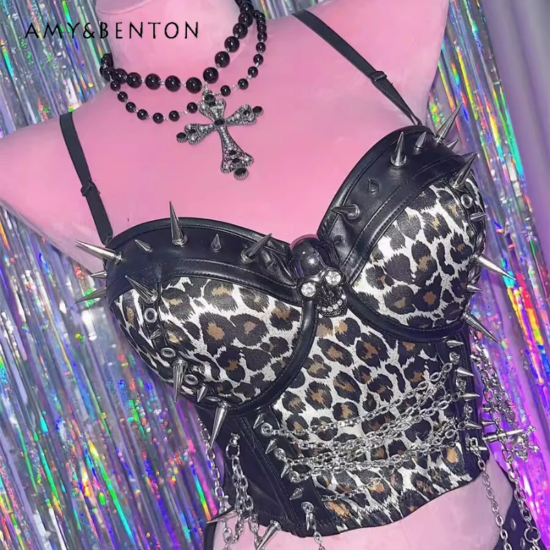 

European American Y2K Hot Girl Punk Sexy Women's Sling Original Design 2025 New Sweet Cool Leopard Print Metal Chain Vest Ladies