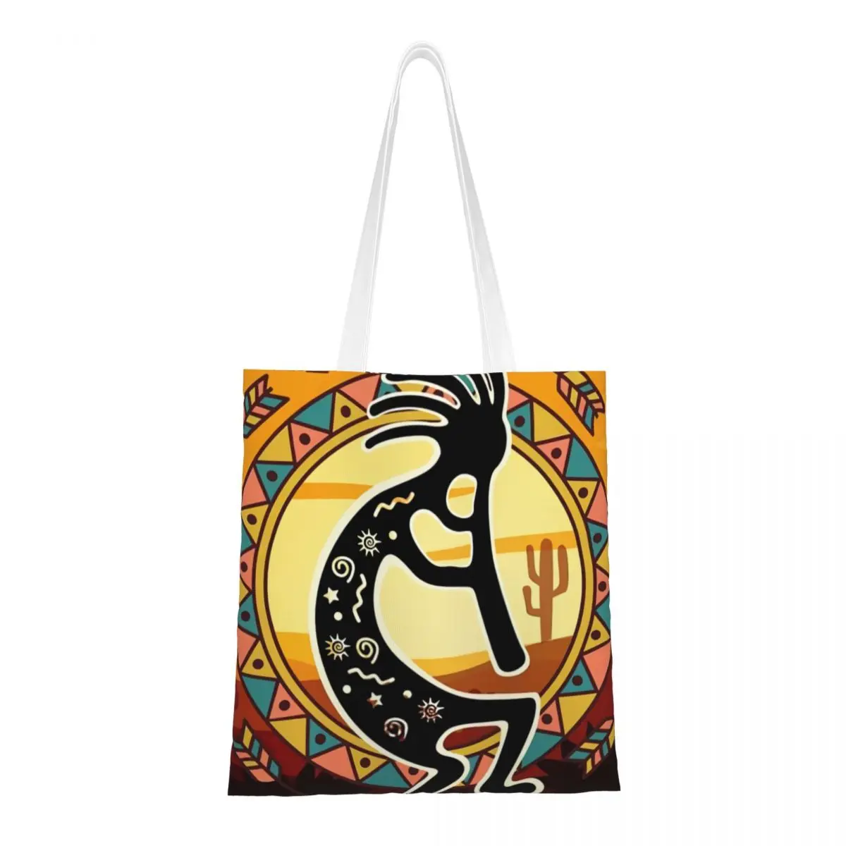 Custom Kokopelli The Flute Player Grocery Shopping Tote Bag Aboriginal Tribal Pattern Canvas Shopper Shoulder Bags Handbags