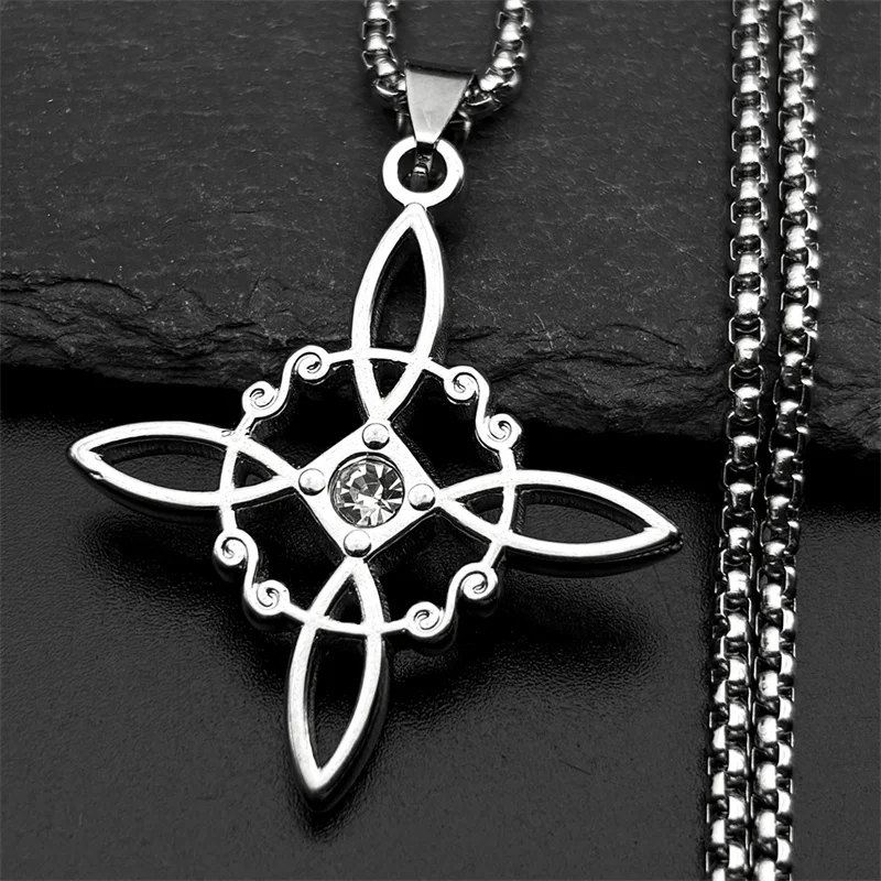 Stainless Steel Witch Knot Pendant Necklace for Women Men Silver Color Rhinestones Wicca Pagan Magic Chain Amulet Lucky Jewelry