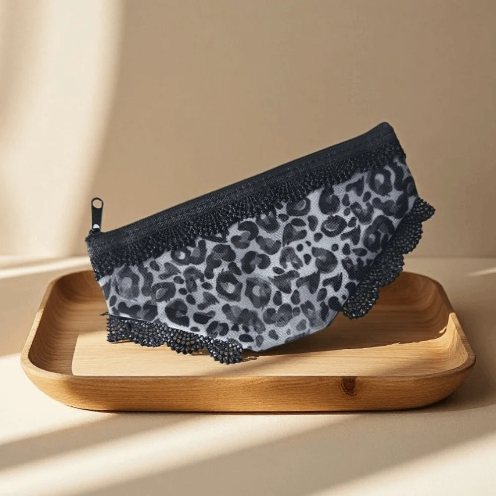 Leopard Print Panties Shaped Makeup Pouch Zippered Lace Trimmed Mesh Cosmetic Bag Portable Transparent Storage Pouch Daily Use