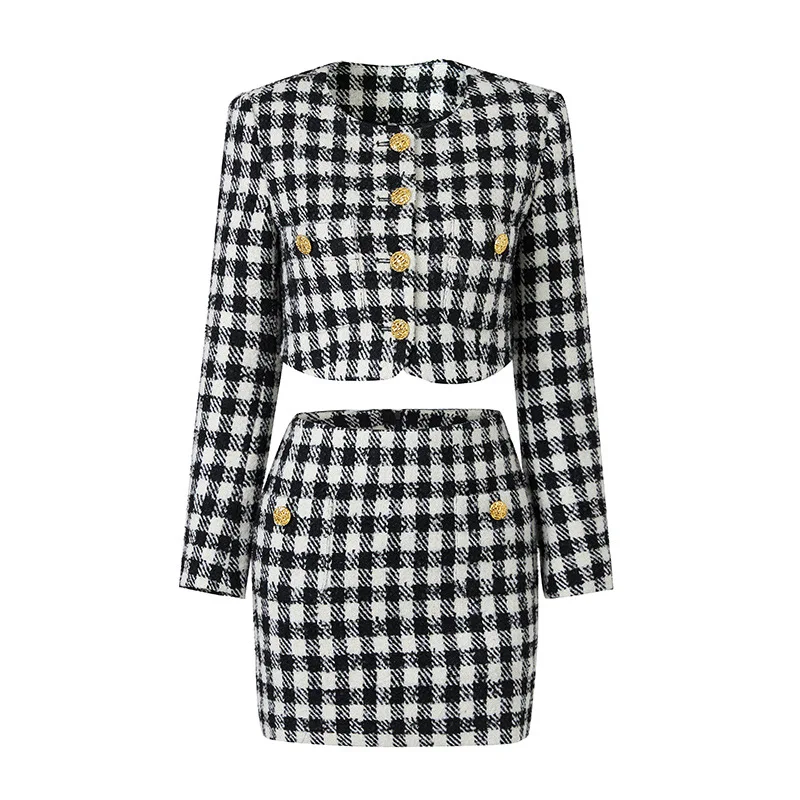 Nieuwe Herfst Winter Street Style Klassieke Plaid Patroon Geweven Vrouwen Tweed Korte Twee Stukken Rok Sets Jas Pakken