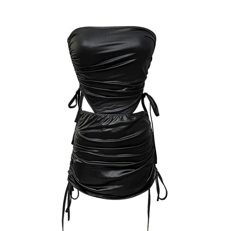 セクシーなファッションホットガールストレッチレザーチューブトップボディスーツビスチェトップ+巾着ハーフスカート2点セット女性用