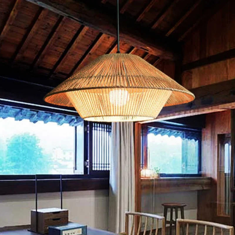 Japanese Wabi Sabi Taper Hemp Rope Ceiling Pendant Light Retro Kitchen Island Restaurant Living Room Tea House LED Hanging Lamp