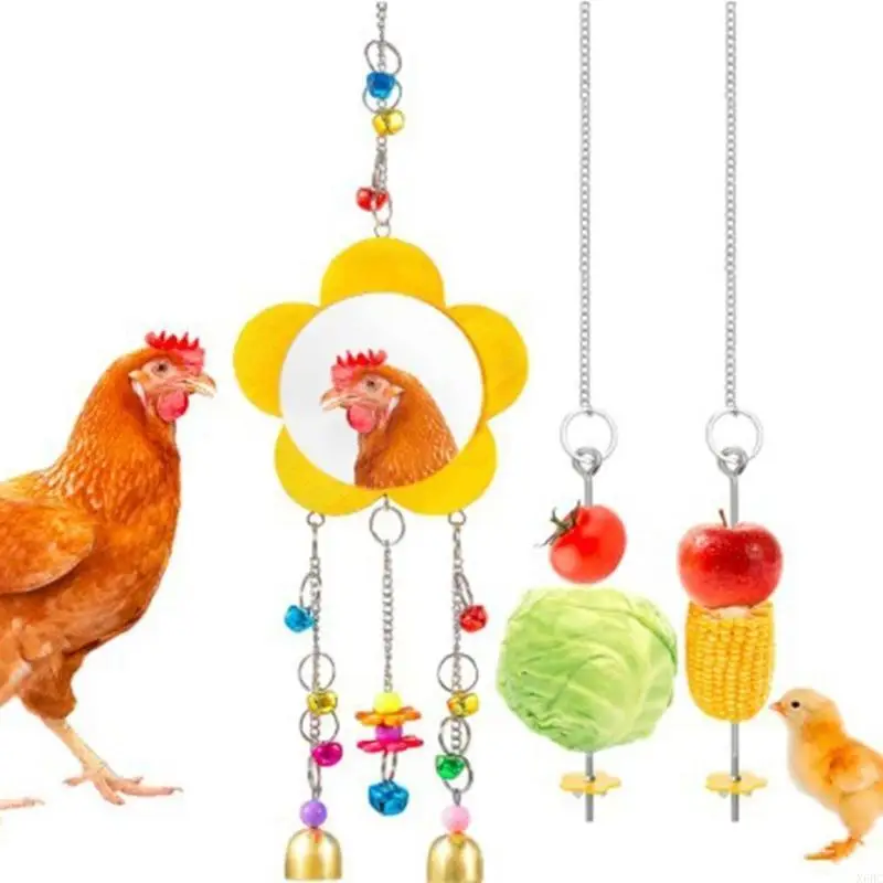 Juguetes pollo x6hc para juguete espejo gallina con campanas colgador frutas vegetarianas para pájaros