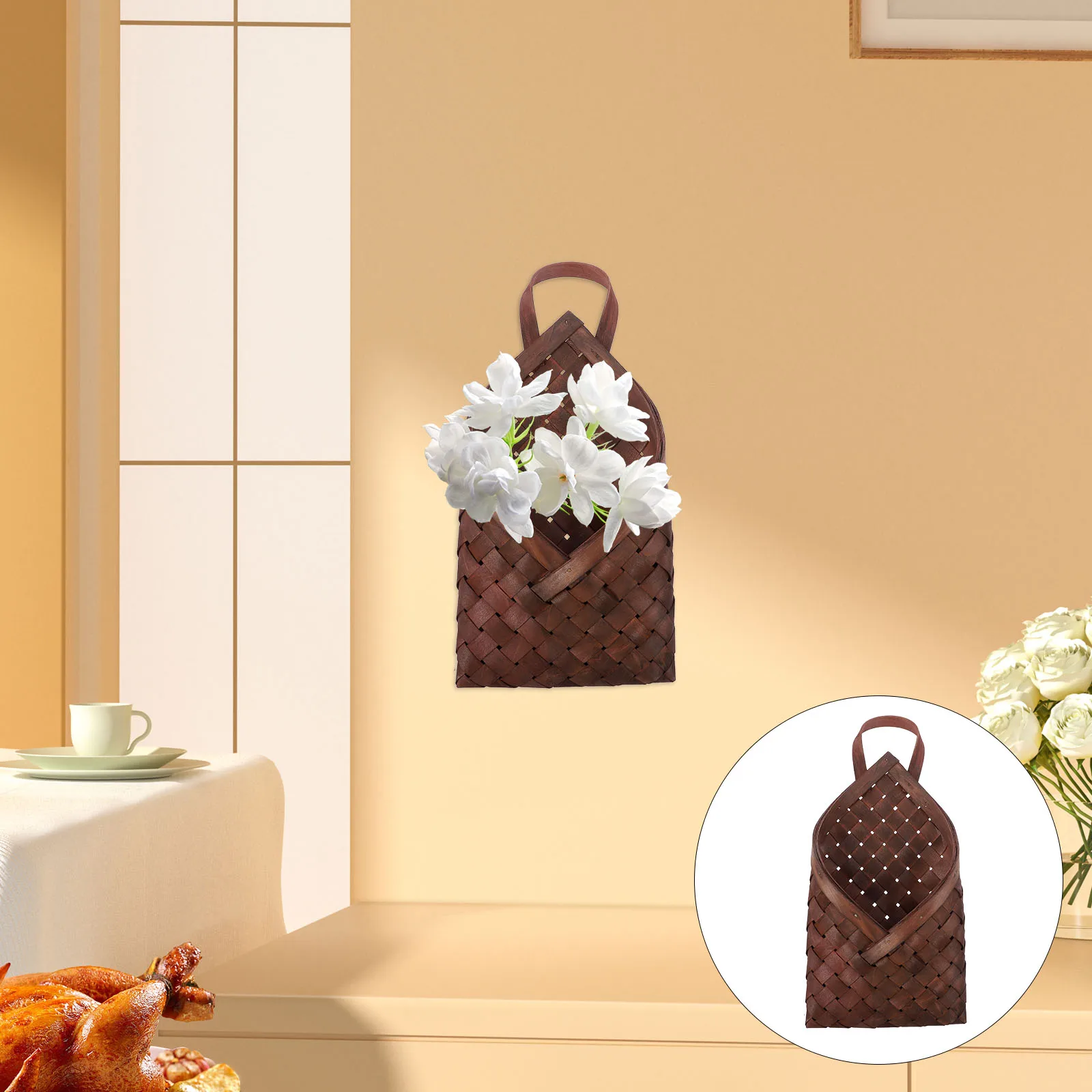 

Woven Flower Basket Wall Hanging Planter with Premium Wood Material Hanging Organizer Basket for Garden and Indoor Decor
