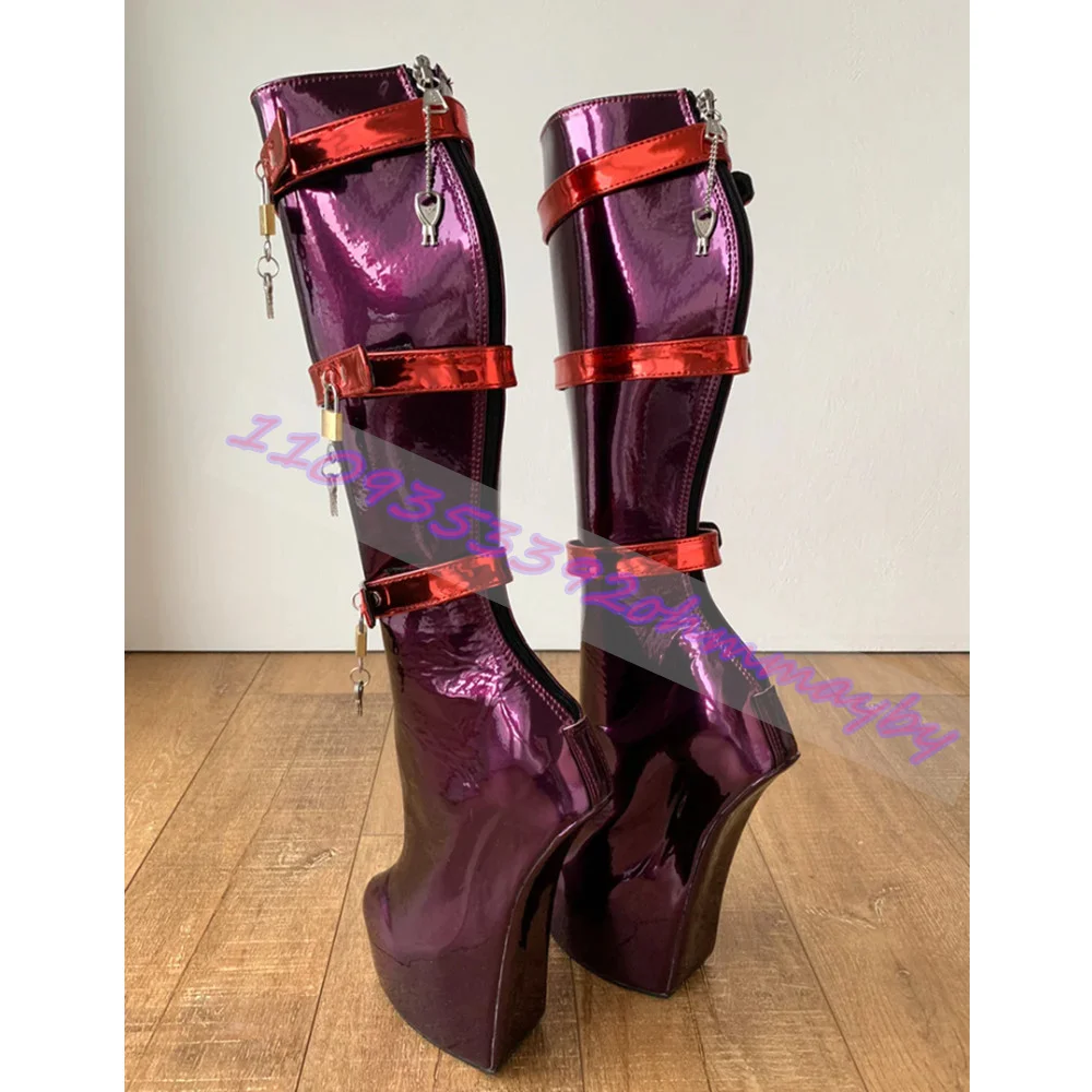 Lila Glänzende Stiefel mit Hufeisenabsatz Luxuriöse Leder-Plateaustiefel mit Mehrfachriemen Sexy Cosplay Pole-Dancing Kniehohe Stiefel 47