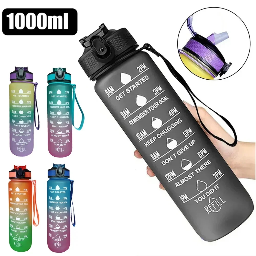 1L Water Bottle Gradient Color Motivational Sports Water Bottle with Time Marker Leak-proof Cup for Office, Gym, Outdoor