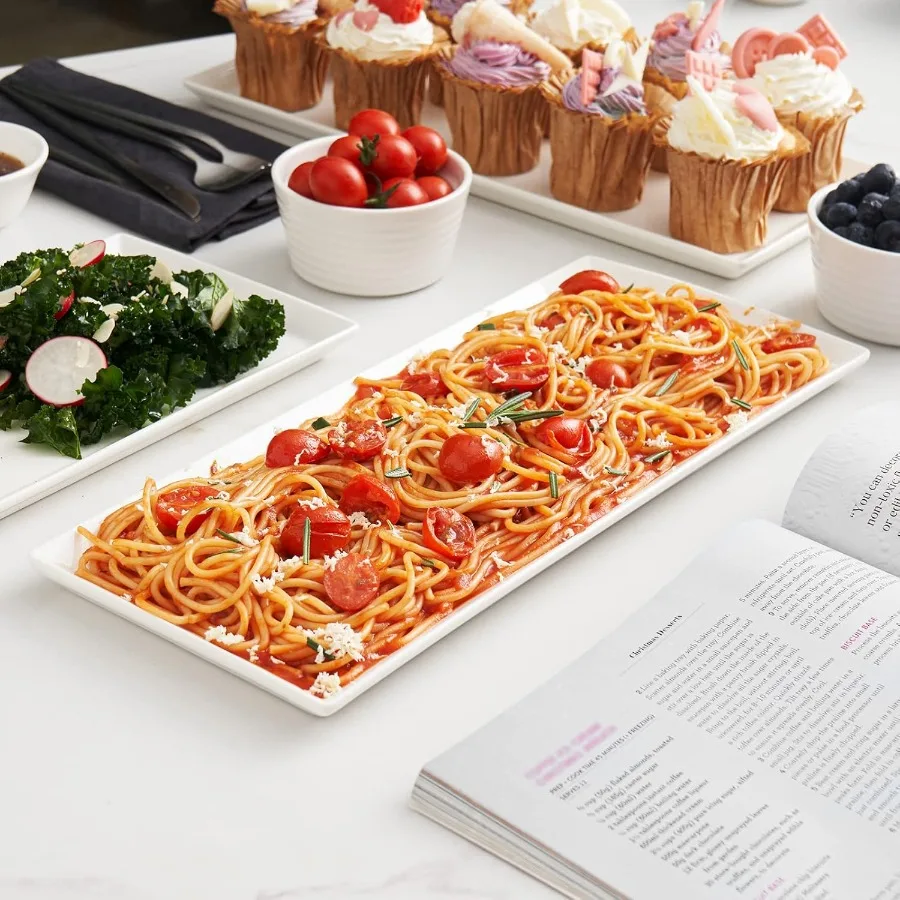 14.5 مجموعة أطباق مستطيلة مكونة من 4 صواني تقديم طويلة لرقائق معكرونة السوشي المقبلات كعكة طبق مستطيل من السيراميك الأبيض لـ Pa