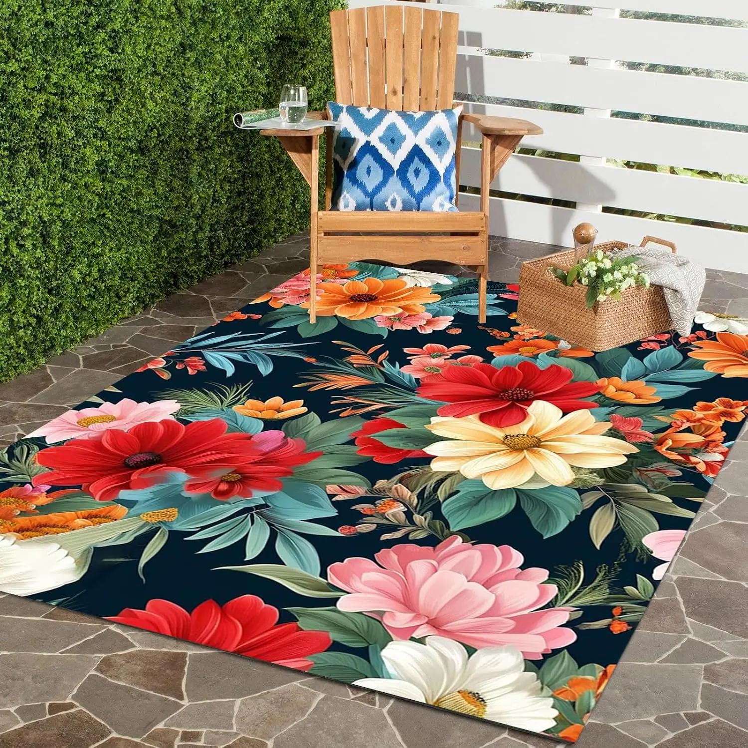 Washable Outdoor Rug with Floral Texture 3x8 Waterproof Non Slip Vibrant Area Rugs for Patio Deck Garden Balcony Large Flower Pr