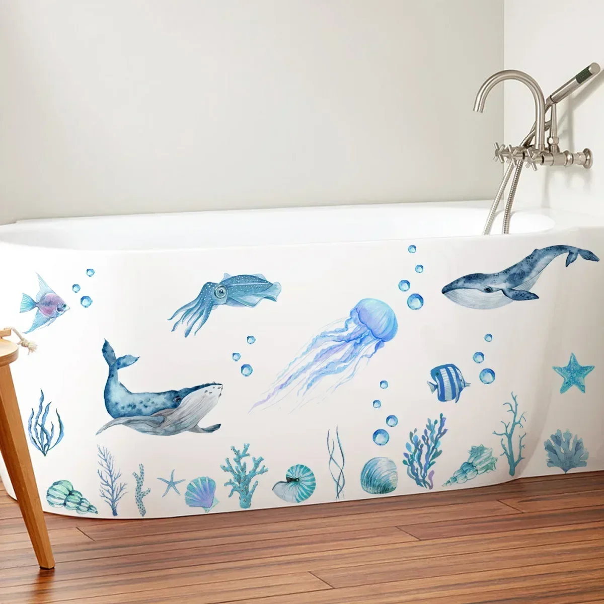 Blue Ocean Dolphin Jellyfish Bathtub Decorative Wall Sticker Bathroom Simple Self-Adhesive Creative Wall Sticker Home Decoration