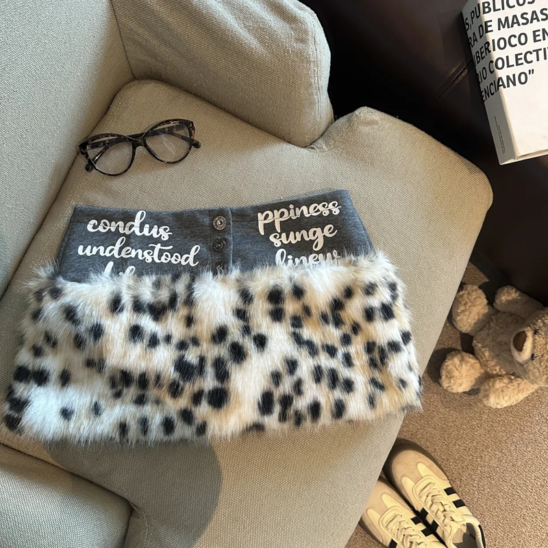 

Women's Autumn Winter Faux Fur Patchwork Leeters Leopard Low Waist Skirt Lady Streetwear Fluffy Slim Short Skirt
