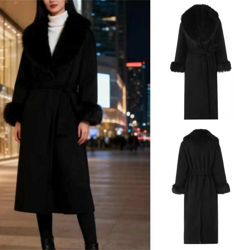 

2025 Fall Fashion Trend: Sexy and Popular Black European/American Style Wool Coat with Large Fur Collar and Belt - Long Version