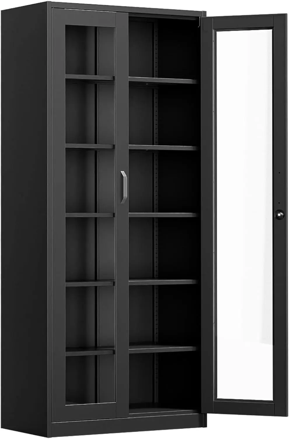 

Шкаф-витрина с замком, стеклянными дверцами и 5 регулируемыми полками, высотой 71 дюйм, черный металлический, для хранения, для коллекций, для напитков, книжный стеллаж