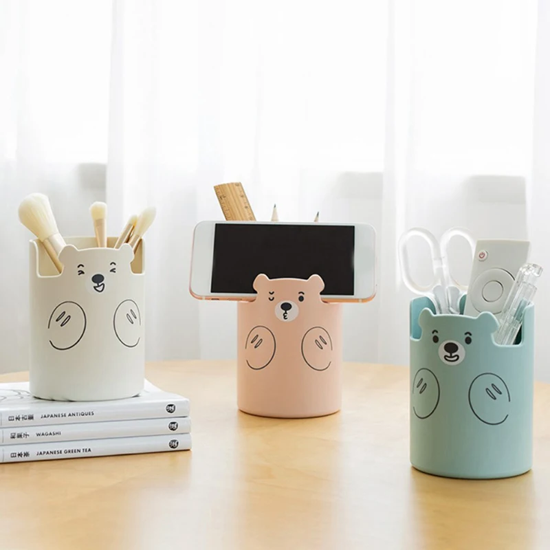 Cute Cartoon Bear Pen Holder Round Desktop Cosmetics Lipstick Brush Storage Box Large Capacity Pen Organizer School Stationery