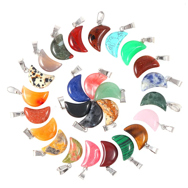 

20pcs/ Bag Natural Stone Crystal Moon Pendant Necklace for Women Raw Stone Crystal Pendant Gemstone Rose Quartz Necklace Pendant