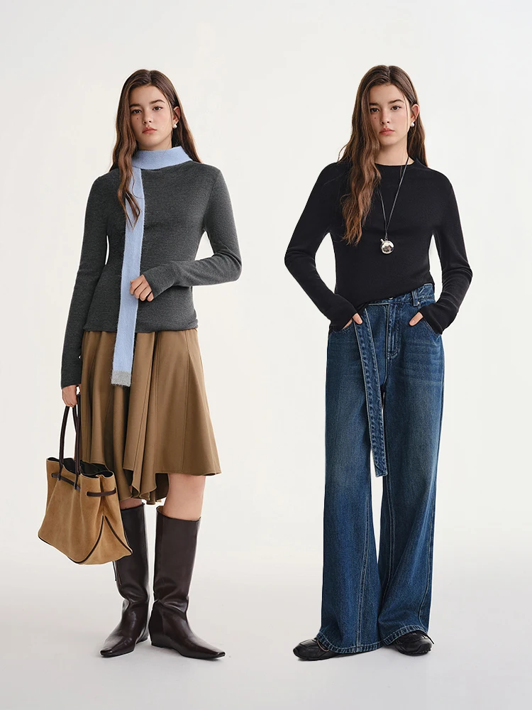 暖かいウール混紡スリムフィットベースレイヤーシャツ、自己発熱マルチカラーニットトップ、プラスサイズ女性向け冬シーズンファッション